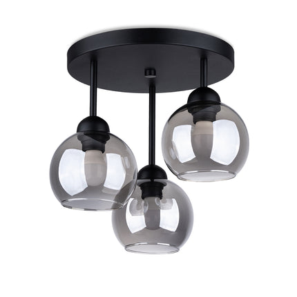 Plafonnier Cloche 3 lumières en verre fumé noir, rosace ronde en acier noir mat, vue de face