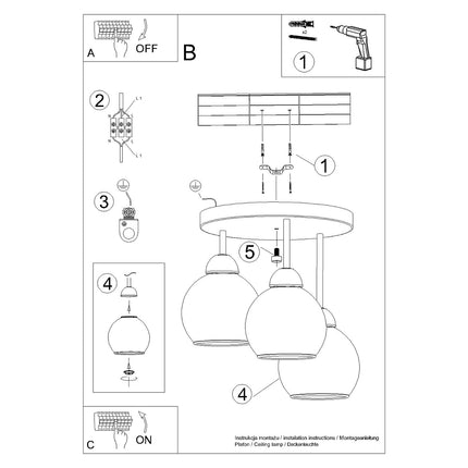 Fiche technique et informations d'installation du plafonnier Cloche 3 lumières en verre fumé noir