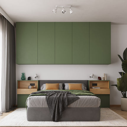 Plafonnier Elba blanc trois spots dans une chambre au décor vert et bois