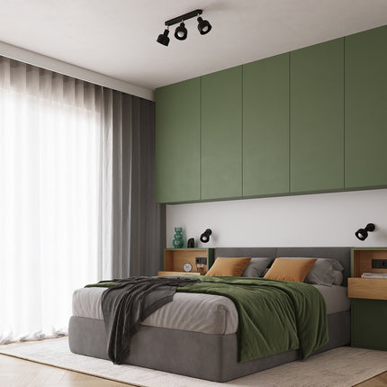 Chambre au style loft éclairée par le plafonnier Elba noir trois spots