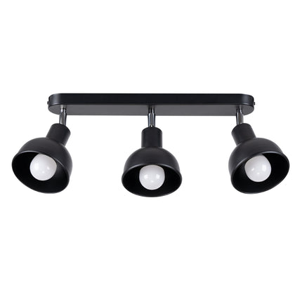Plafonnier Elba noir trois spots en acier, cloches orientables sur fond blanc