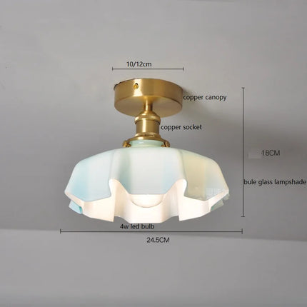 Schéma des dimensions du plafonnier corolle en verre bleu givré, diamètre 24,5 cm et hauteur 18 cm