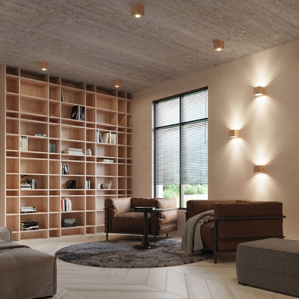 Plafonnier Cube en Bois Naturel, détail sur le bois véritable au grain apparent