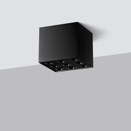 Plafonnier cube multi-focal noir en aluminium fixé au plafond, neuf spots LED en face inférieure