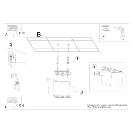 Plafonnier cube multi-focal noir LED en situation, fixé sur un plafond clair
