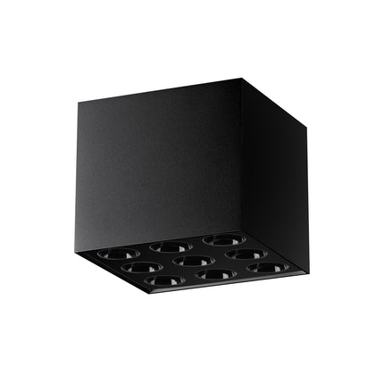 Vue générale du plafonnier cube multi-focal noir en aluminium, silhouette carrée compacte