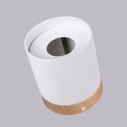 Alignement de plafonniers cylindre blanc et bois dans un couloir contemporain