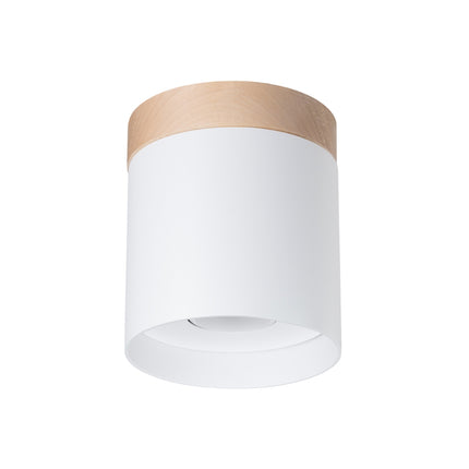 Plafonnier cylindre en aluminium blanc et bois naturel, vue packshot de face
