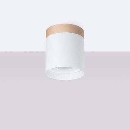 Plafonnier cylindre blanc et bois naturel vu de profil, ligne épurée scandinave