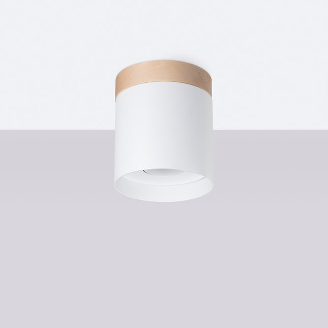 Plafonnier cylindre blanc et bois naturel vu de profil, ligne épurée scandinave