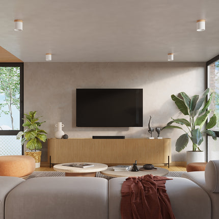 Schéma d'implantation de plafonniers cylindre blanc au plafond d'un salon