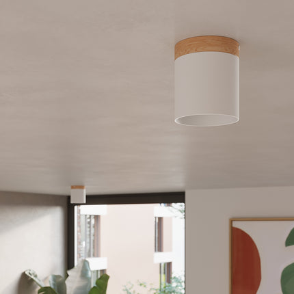 Fiche technique illustrée du plafonnier cylindre bois et aluminium blanc