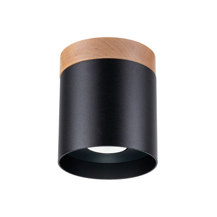 Plafonnier cylindre en aluminium noir et bois naturel, vue packshot de face