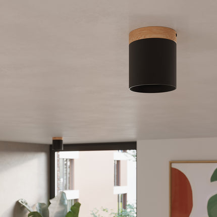 Fiche technique illustrée du plafonnier cylindre bois et aluminium noir