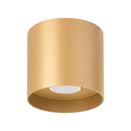 Plafonnier cylindrique doré en aluminium, vue packshot sur fond blanc
