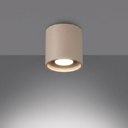 Plafonnier Cylindre LED taupe allumée, faisceau net