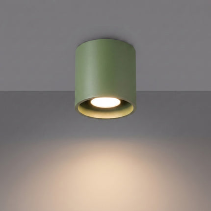 Plafonnier Cylindre LED vert olive allumée, faisceau net