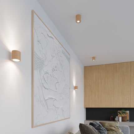 Plafonnier Cylindrique en Bois Naturel, détail sur le bois véritable au grain apparent