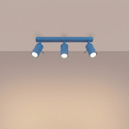 Plafonnier Directionnel 3 Spots LED Bleu Azur, lumière allumée