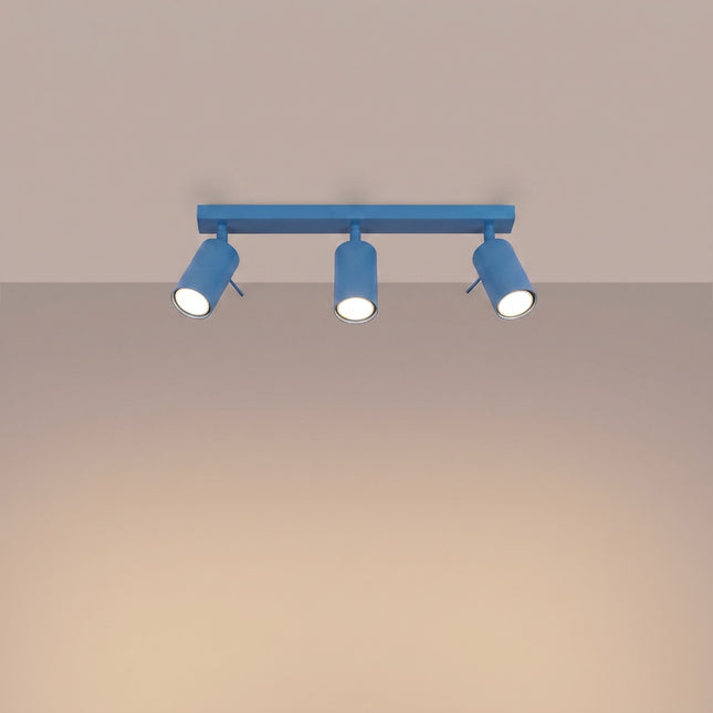 Plafonnier Directionnel 3 Spots LED Bleu Azur, lumière allumée