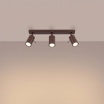 Plafonnier Directionnel 3 Spots LED Brun Chocolat, lumière allumée