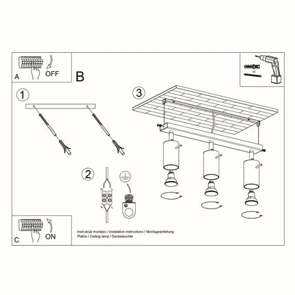 Plafonnier 3 spots orientables noir fixé au plafond