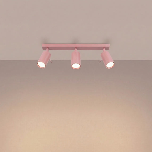 Plafonnier Directionnel 3 Spots LED Rose Poudré, lumière allumée