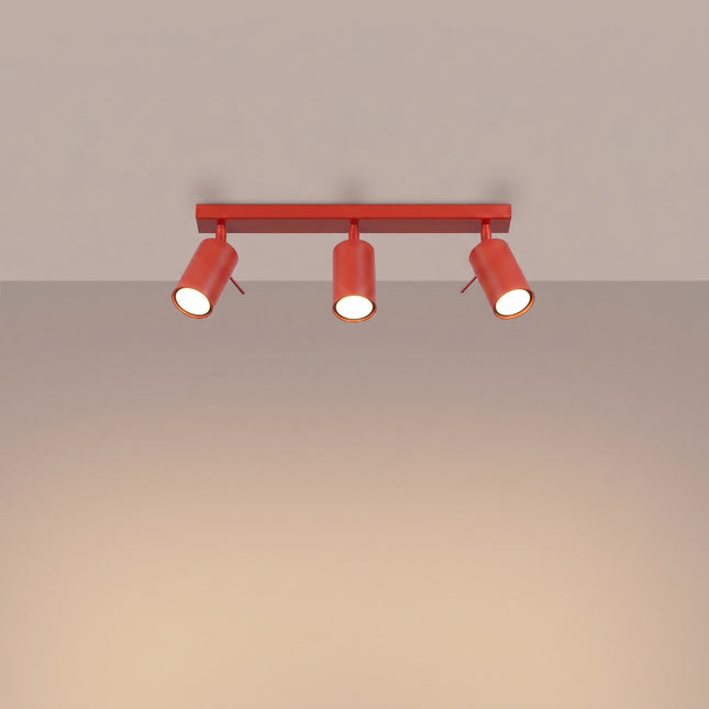 Plafonnier Directionnel 3 Spots LED Rouge Vif, lumière allumée