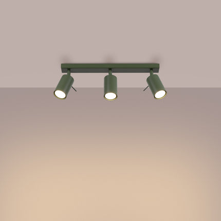 Plafonnier Directionnel 3 Spots LED Vert Olive, lumière allumée