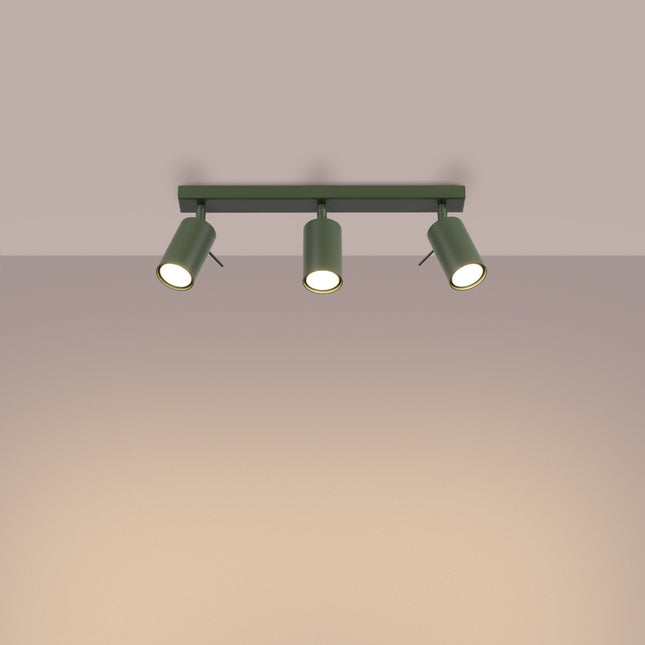 Plafonnier Directionnel 3 Spots LED Vert Olive, lumière allumée
