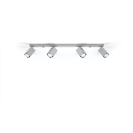 Vue de face du plafonnier directionnel 4 spots acier gris, barre fine et têtes carrées orientables