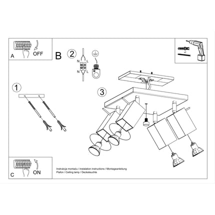 Plafonnier 4 spots carrés orientables blanc fixé au plafond
