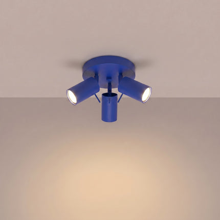 Plafonnier Directionnelle 3 Spots LED Acier Bleu Outremer Orientable, lumière allumée