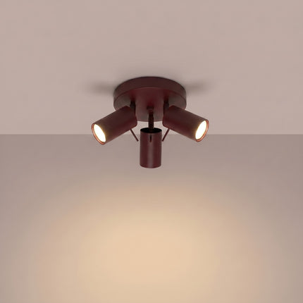Plafonnier Directionnelle 3 Spots LED Acier Bordeaux Orientable, lumière allumée