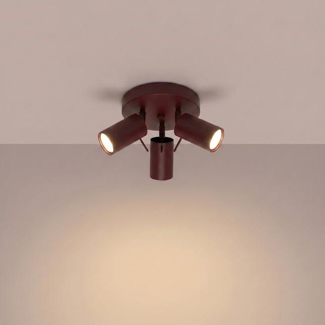 Plafonnier Directionnelle 3 Spots LED Acier Bordeaux Orientable, lumière allumée