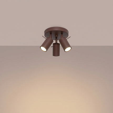 Plafonnier Directionnelle 3 Spots LED Acier Brun Chocolat Orientable, lumière allumée