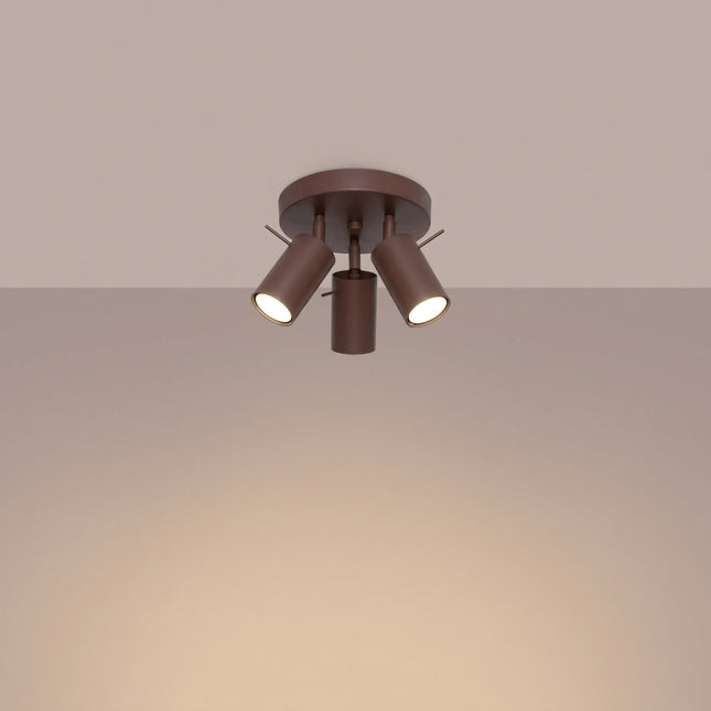 Plafonnier Directionnelle 3 Spots LED Acier Brun Chocolat Orientable, lumière allumée