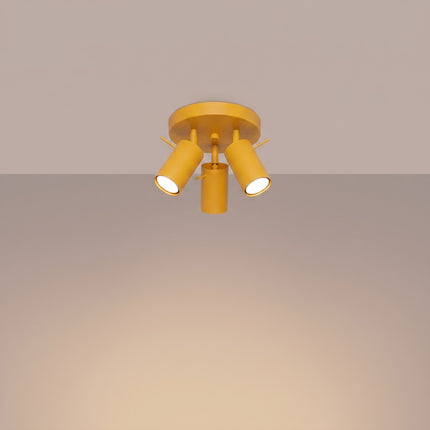 Plafonnier Directionnelle 3 Spots LED Acier Jaune Ambré Orientable, lumière allumée