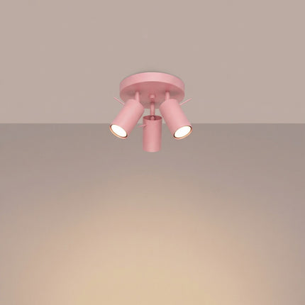 Plafonnier Directionnelle 3 Spots LED Acier Rose Poudré Orientable, lumière allumée