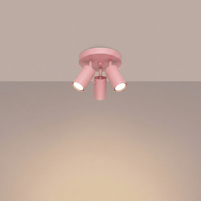 Plafonnier Directionnelle 3 Spots LED Acier Rose Poudré Orientable, lumière allumée