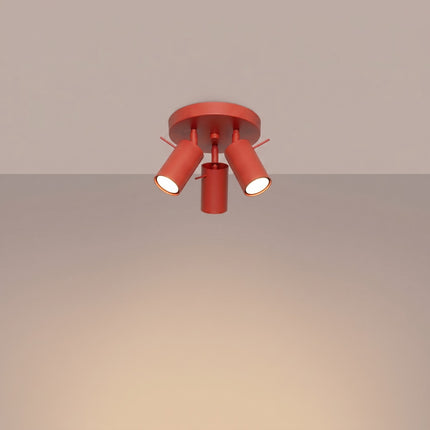 Plafonnier Directionnelle 3 Spots LED Acier Rouge Vif Orientable, lumière allumée