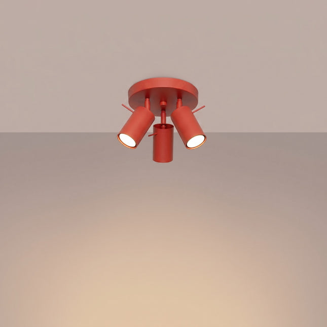 Plafonnier Directionnelle 3 Spots LED Acier Rouge Vif Orientable, lumière allumée