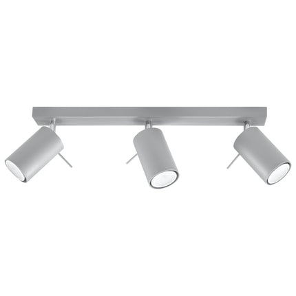 Plafonnier directionnelle 3 spots orientables gris en acier, vue de face sur fond neutre