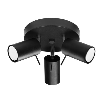 Plafonnier directionnelle 3 spots LED en acier noir mat, vue de face sur fond blanc