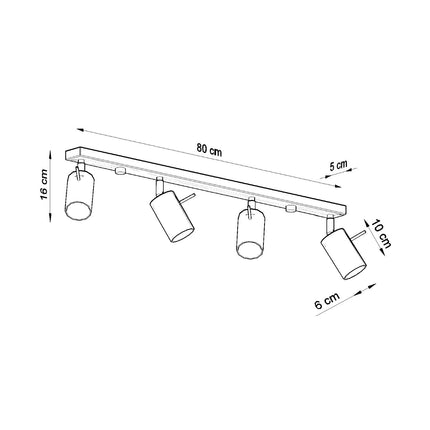 Schéma des dimensions du plafonnier directionnelle 4 spots orientables barre gris