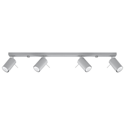 Plafonnier directionnelle 4 spots orientables barre gris en acier, vue de face sur fond neutre