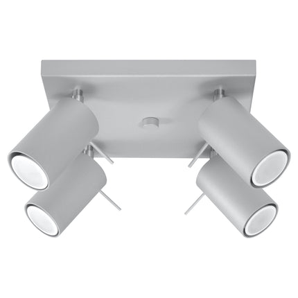 Plafonnier directionnelle 4 spots orientables gris en acier, vue de face sur fond neutre