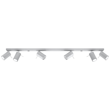 Plafonnier directionnelle 6 spots orientables gris en acier, vue de face sur fond neutre