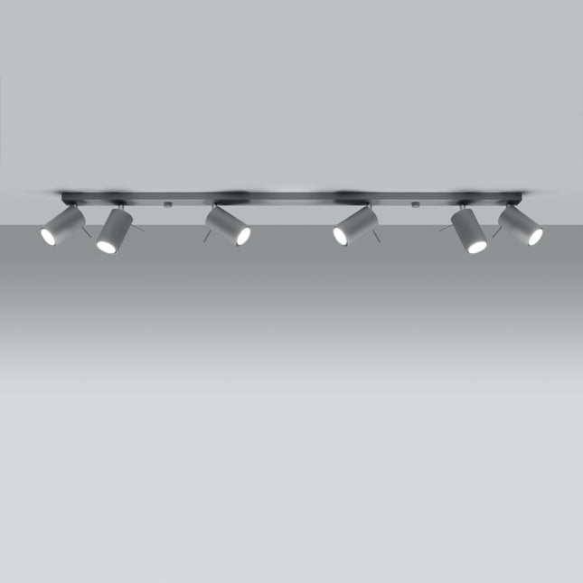 Plafonnier directionnelle 6 spots orientables gris installé dans une pièce lumineuse