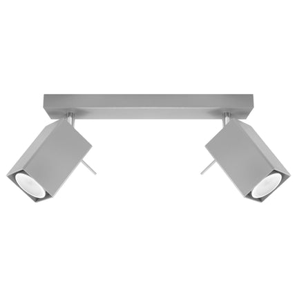 Plafonnier directionnelle carré 2 spots orientables gris en acier, vue de face sur fond neutre